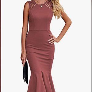 Elegant Midi Bodycon Dress Sleeveless Backless Ruffle Hem Mermaid Formal